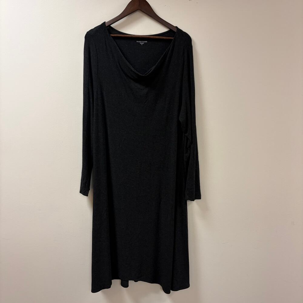 Eileen Fisher Dk Gray Draped Neck Long Sleeve Luxury Minimalist Capsule Dress XL